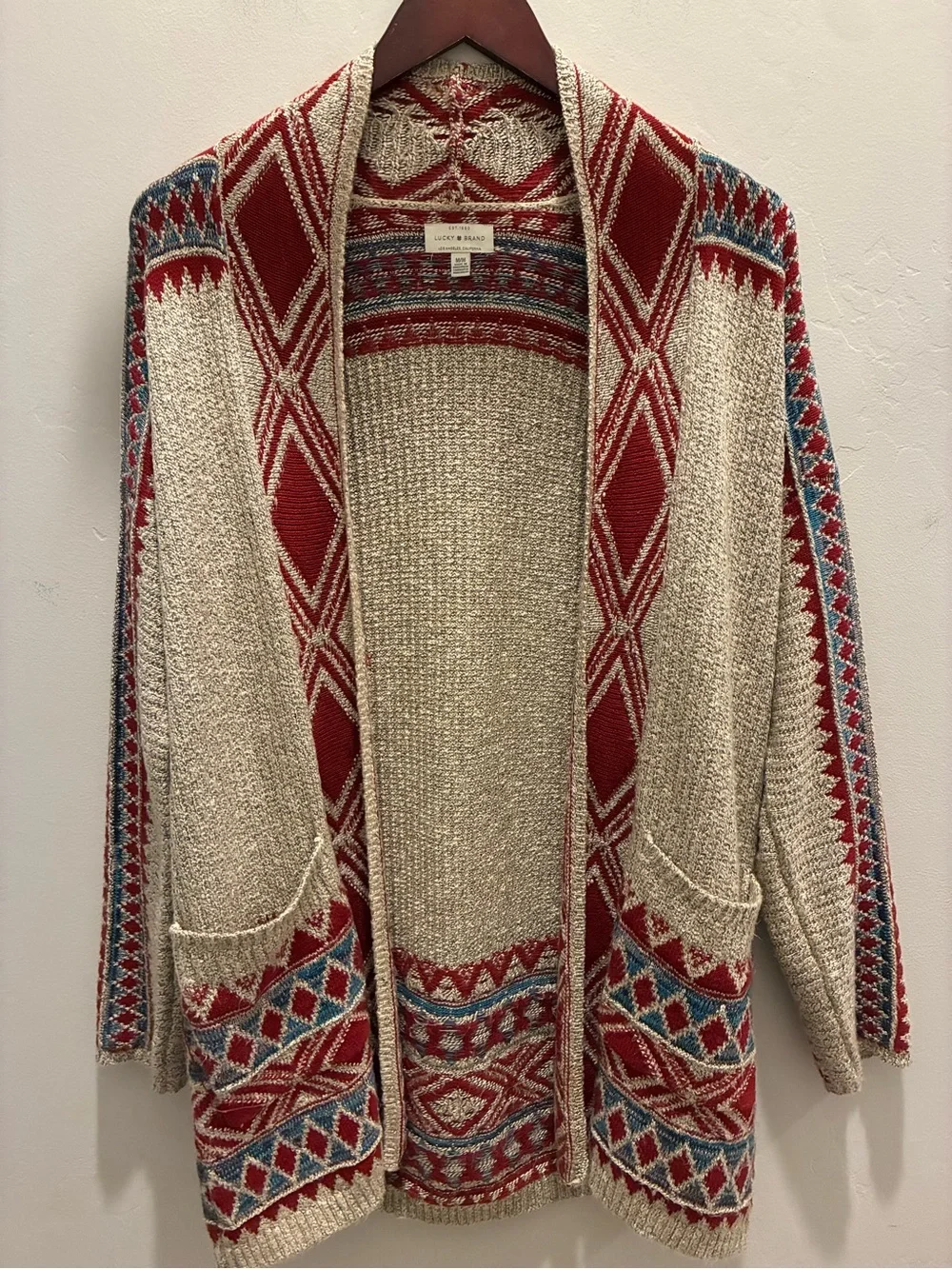 Lucky Brand Open-Front Geometric Cardigan - Red, Cream & Blue